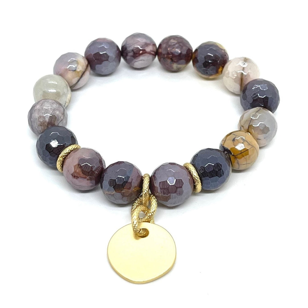 Mookatite Stretch Bracelet With Matte Gold Circle Charm