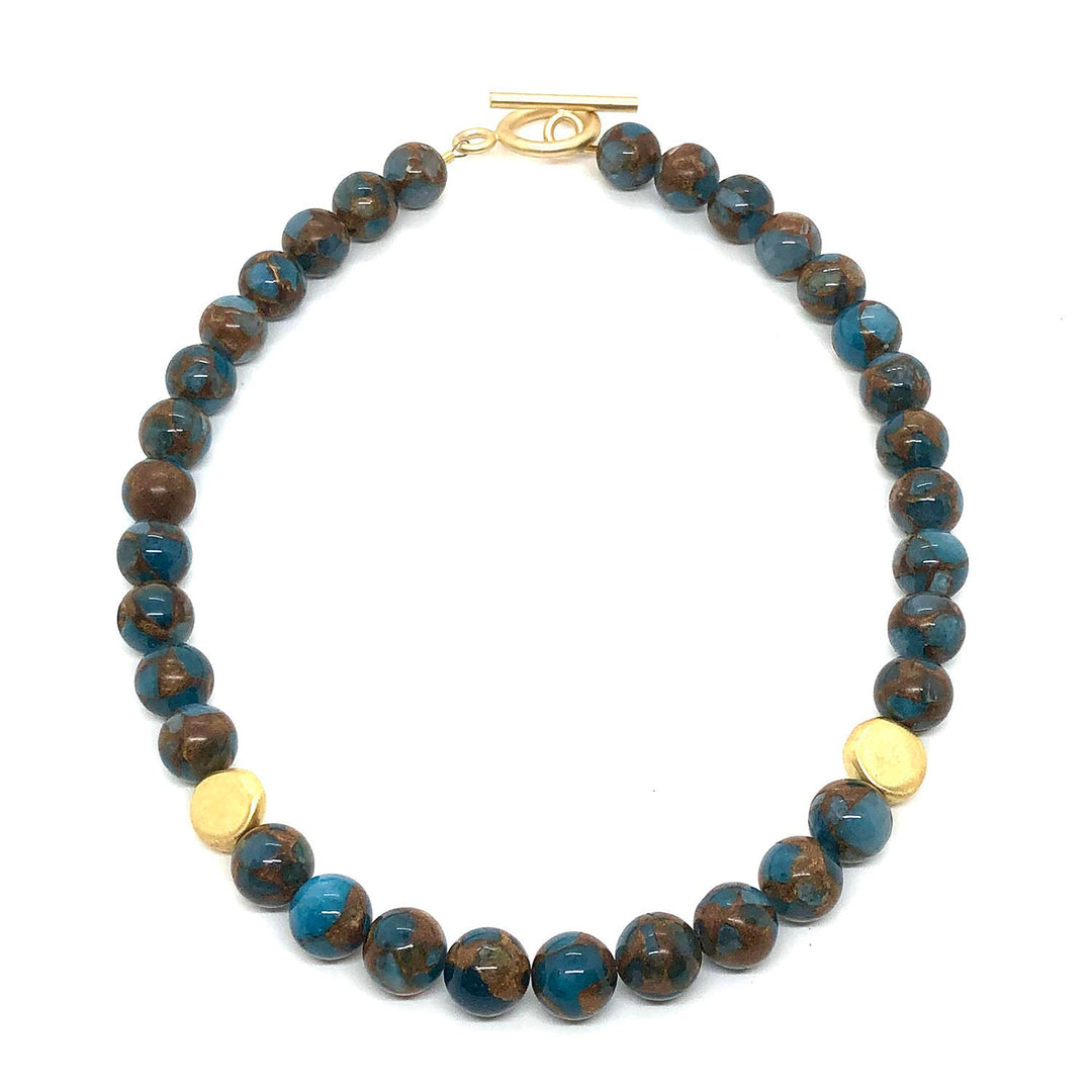 Teal Composite Quartz With Matte Gold Flat Bead Necklace