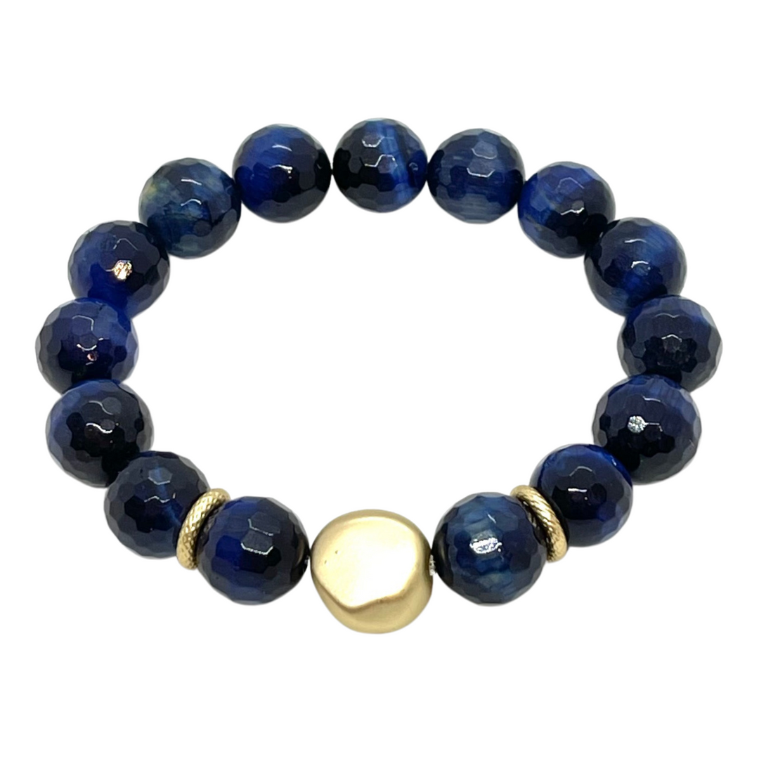 Blue Tigers Eye Stretch Bracelet with Matte Gold Flat Bead