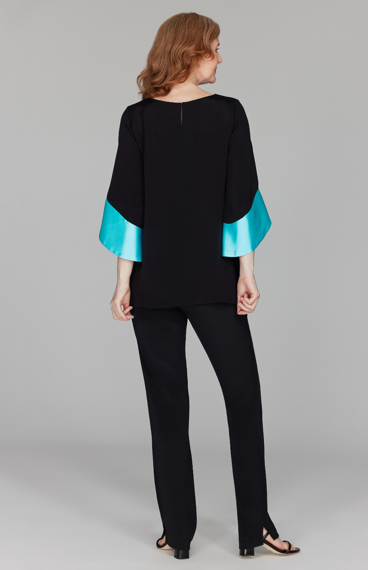 Silk Tunic w/Contrast Satin Color Block Sleeves & V Inset