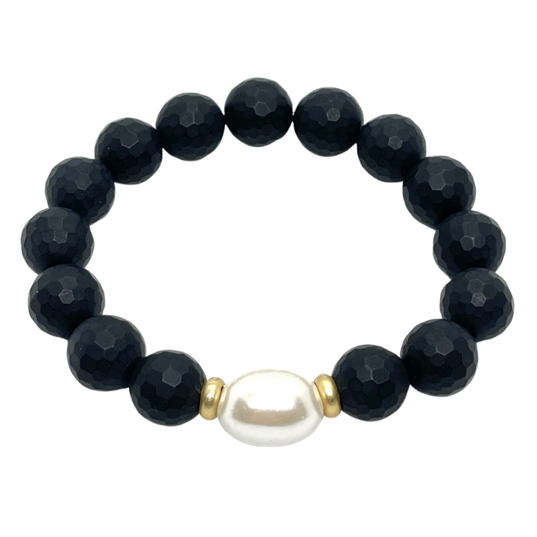 Matte Black Faceted Onyx With MOP Pearl Stretch Bracelet