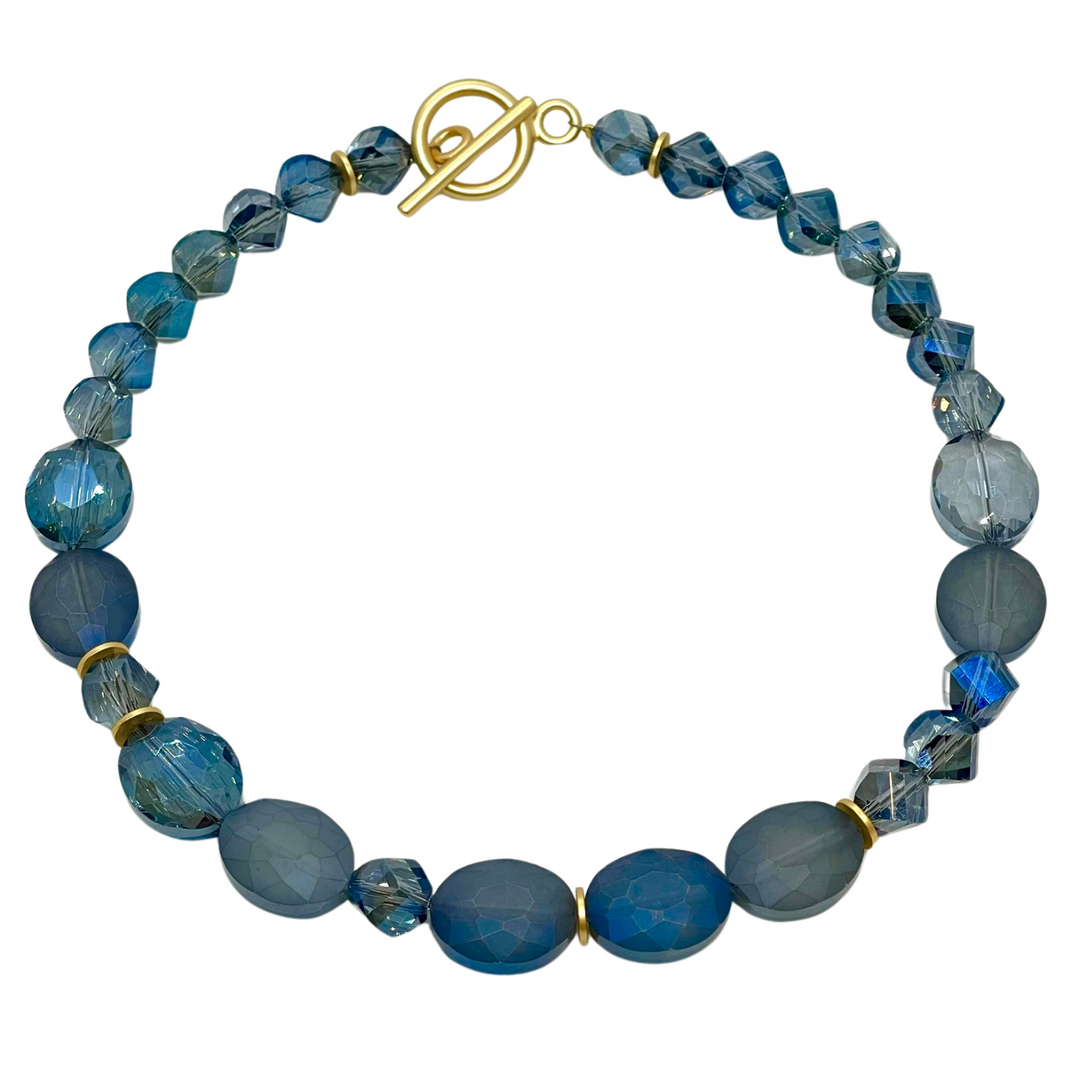 Matte Blue and Blue Crystal Beaded Necklace