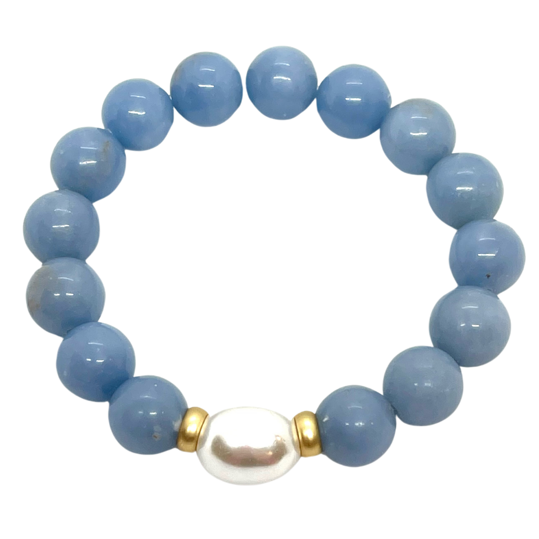 Blue Jade With MOP Pearl and Matte Gold Accents Stretch Bracelet