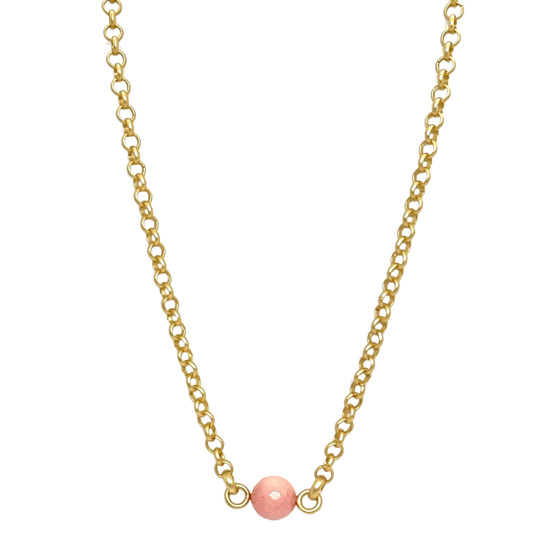 Pink Coral Jade on Matte Gold Rolo Chain Necklace