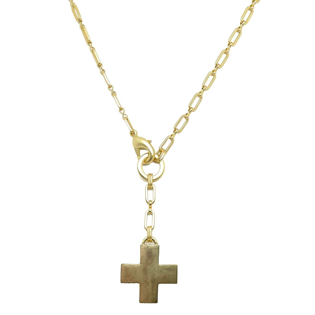 Matte Gold Cross Paperclip Chain Y Necklace