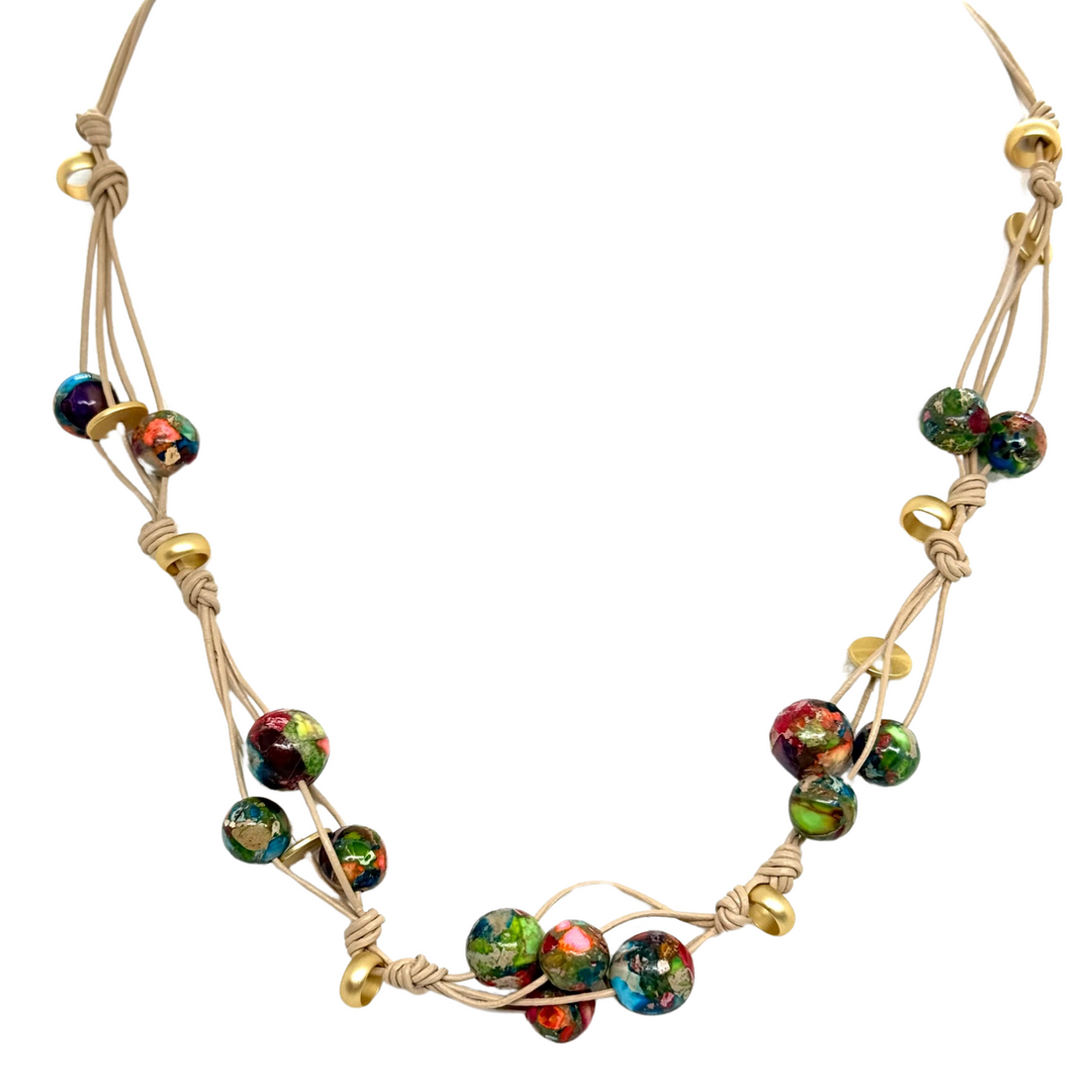 Multi Jasper Woven Necklace On Natural Leather