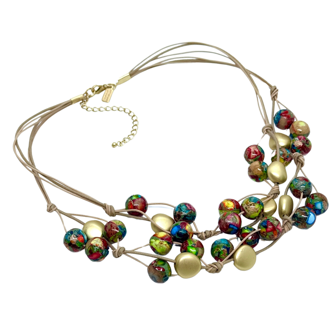 Multi Jasper Two Strand Woven Necklace On Natural Linen and Leather