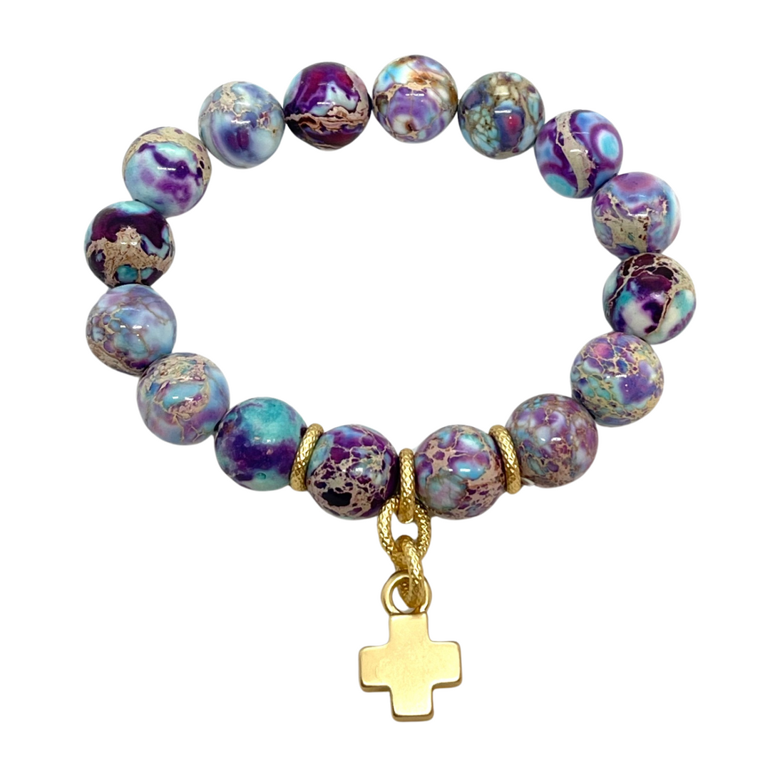 Multi Jasper With Matte Gold Cross Stretch Bracelet