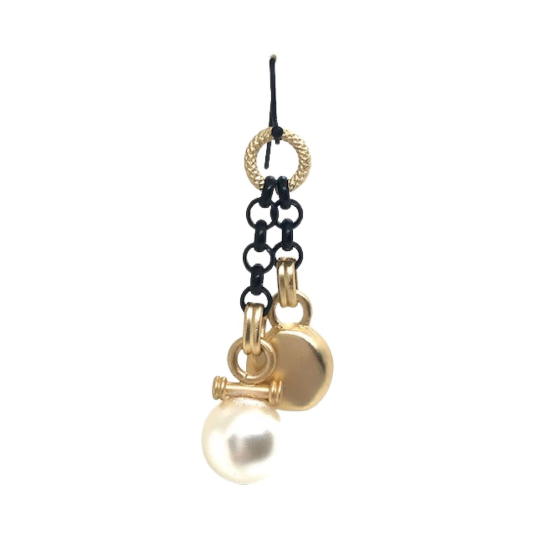 White Pearl Matte Black Rolo Chain Matte Gold Charm Earrings