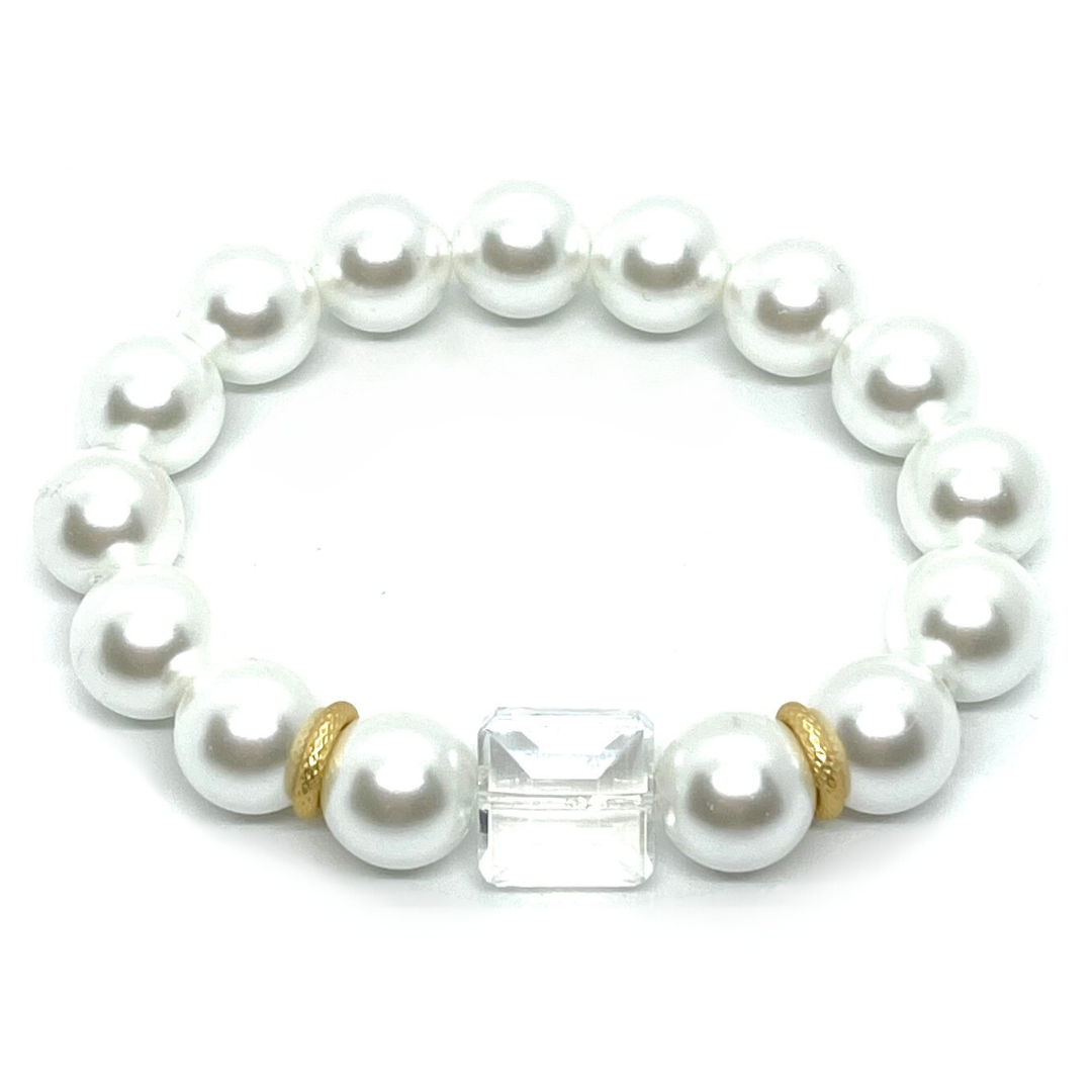 Glass Pearl With Clear Crystal And Matte Gold Accents Stretch Bracelet