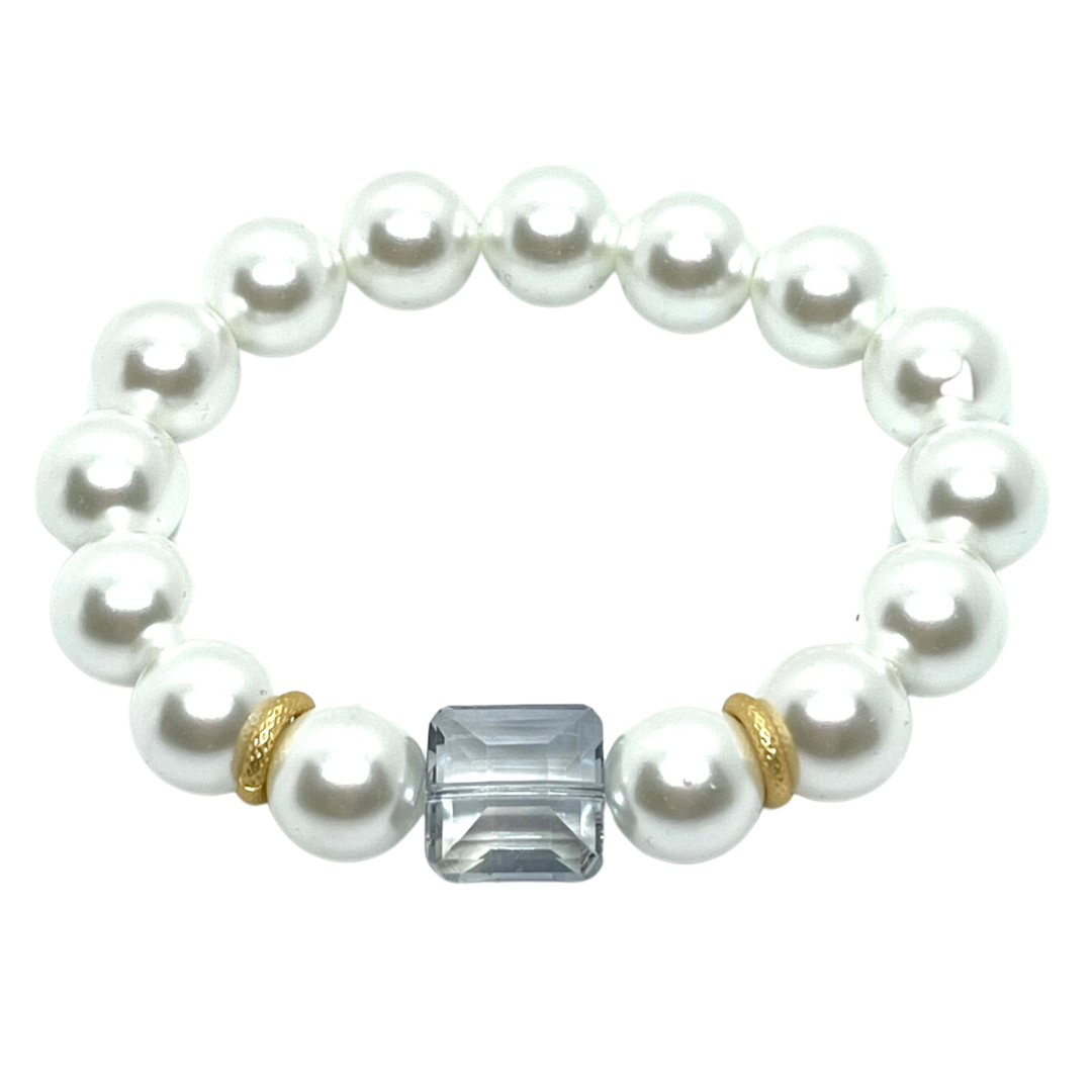 Glass Pearl With Gray Square Crystal And Matte Gold Accents Stretch Bracelet