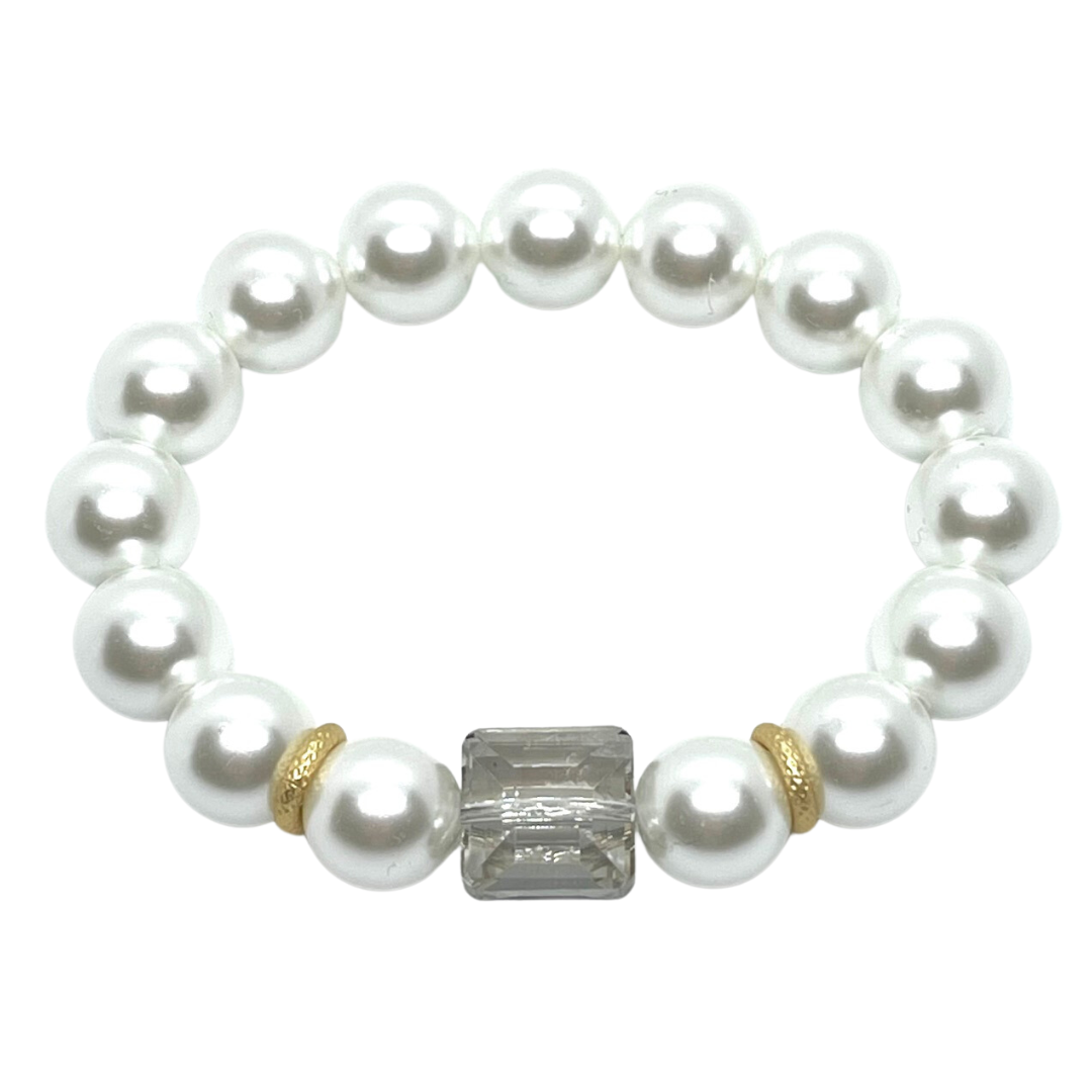 Glass Pearl With Light Smoke Crystal And Matte Gold Accents Stretch Bracelet