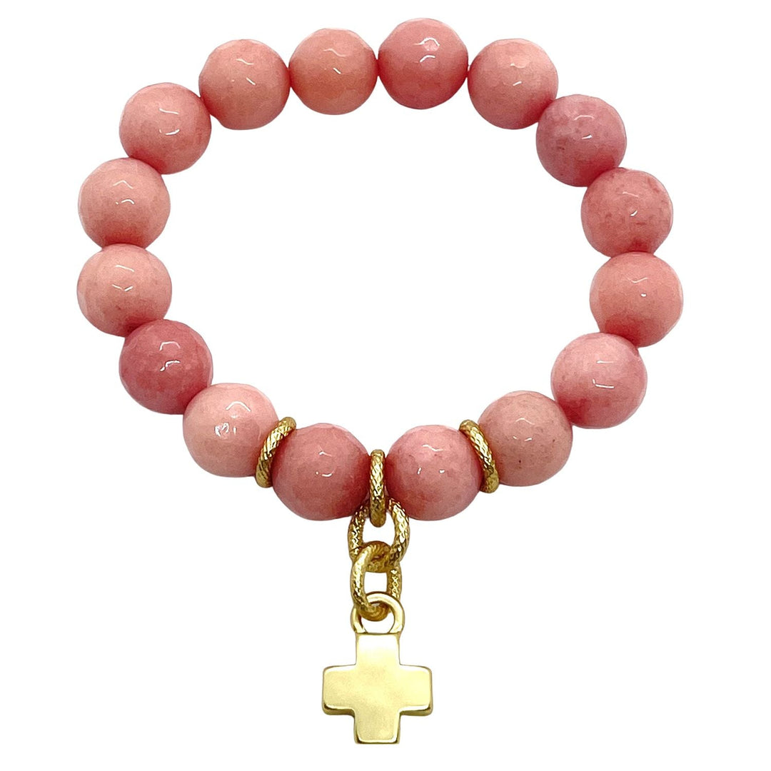 Pink Coral Jade Matte Gold Cross Charm Stretch Bracelet