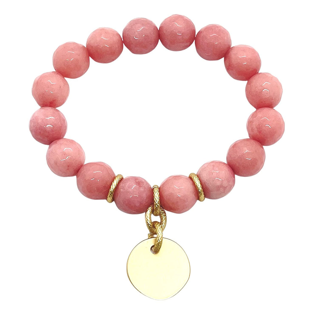 Pink Coral Jade Matte Gold Charm Stretch Bracelet