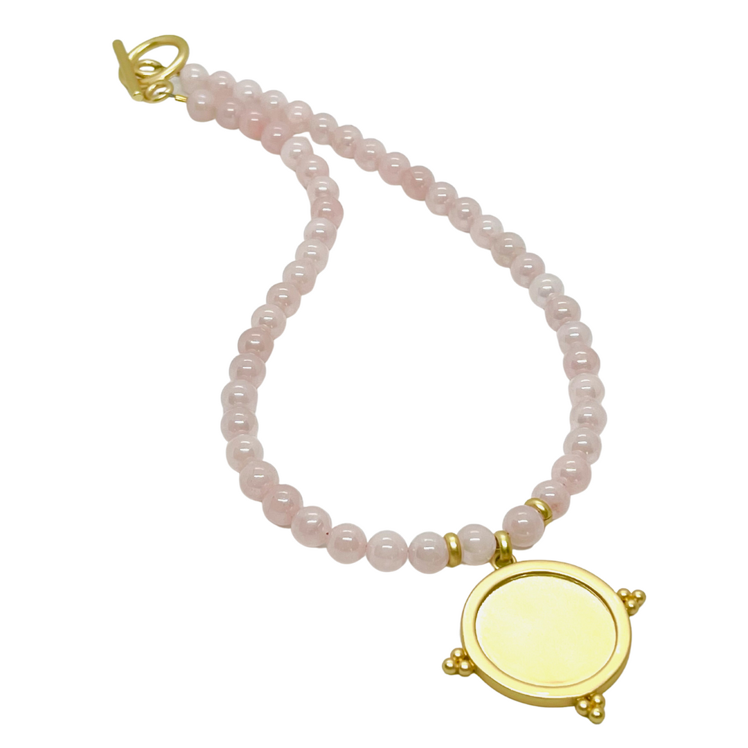 Rose Quartz Beaded Necklace With Large Matte Gold Starburst Pendant
