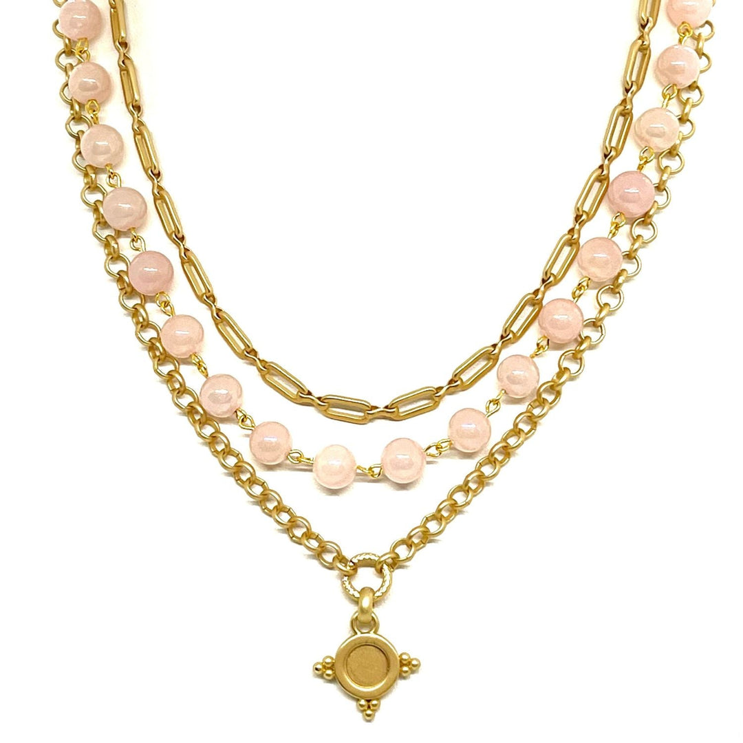 Rose Quartz And Matte Gold Multi Chain Necklace