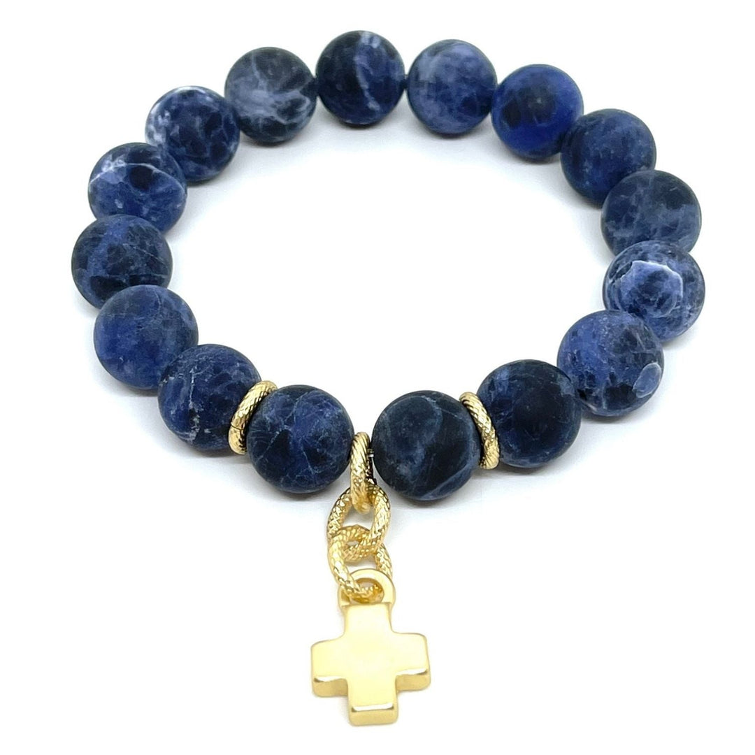 Matte Sodalite Stretch Bracelet With Gold Cross Charm