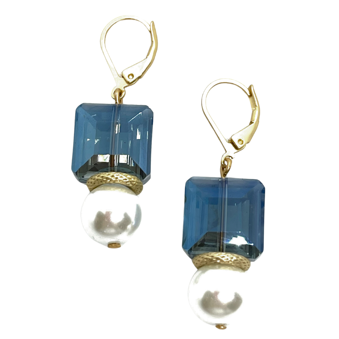 Square Blue Crystal And Glass Pearl Matte Gold Earrings