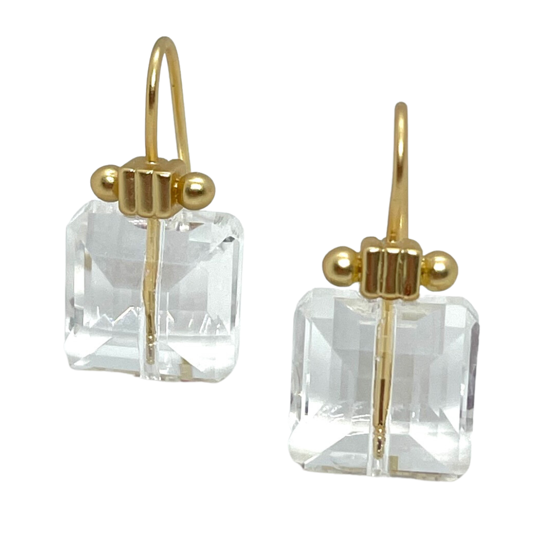 Square Clear Crystal Matte Gold Column Earrings