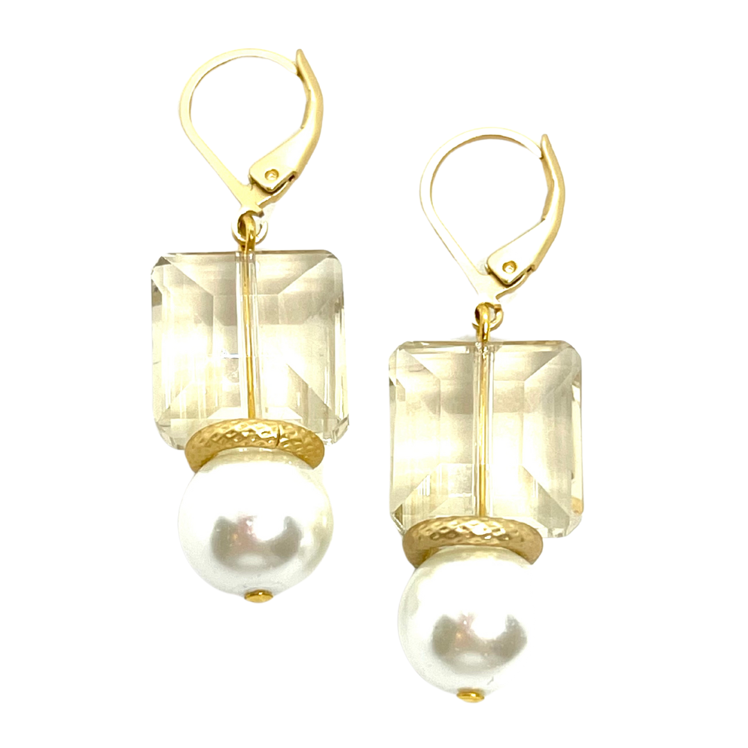 Square Champagne Crystal And Glass Pearl Matte Gold Earrings
