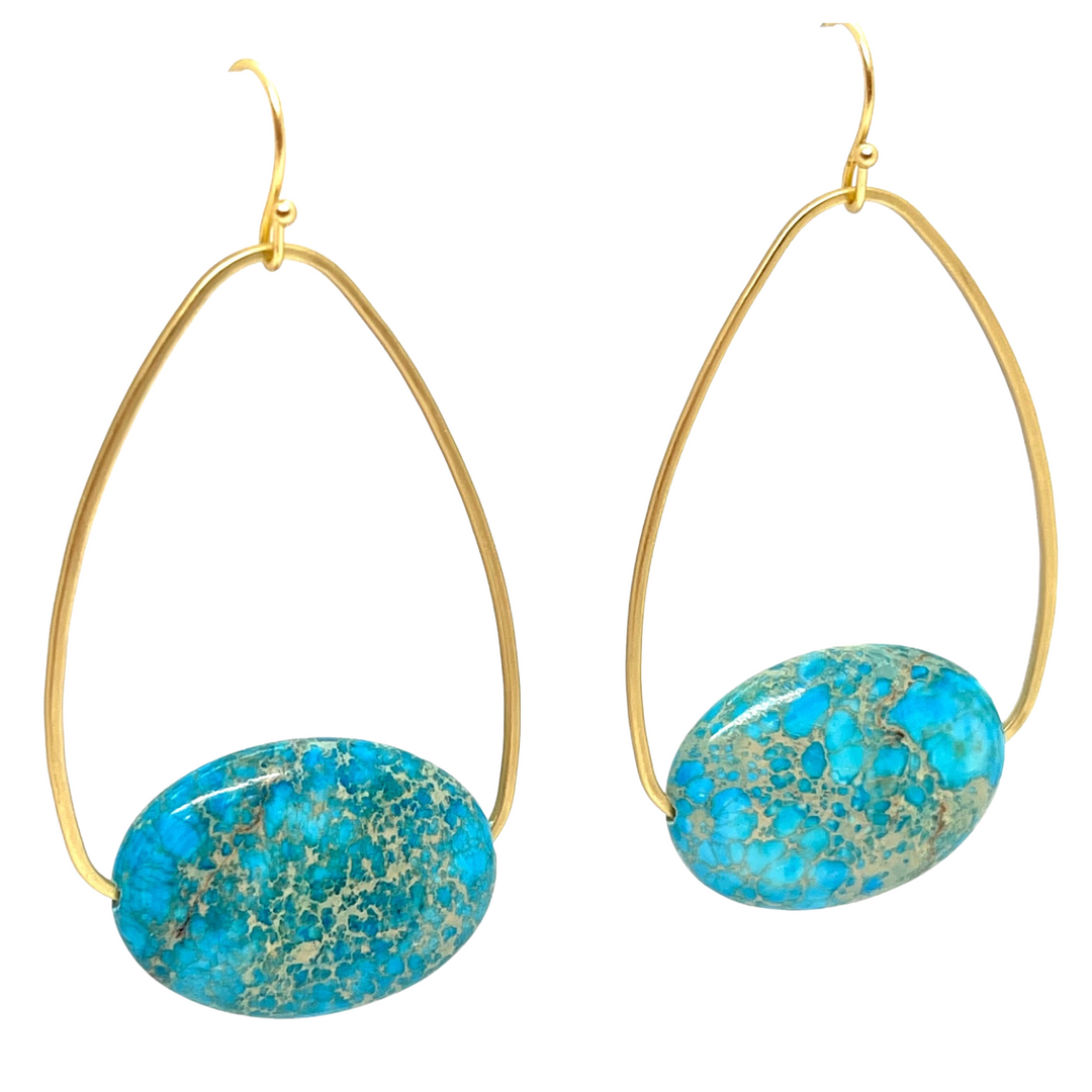 Turquoise Aqua Terra Inset Matte Gold Oval Hoop Earrings