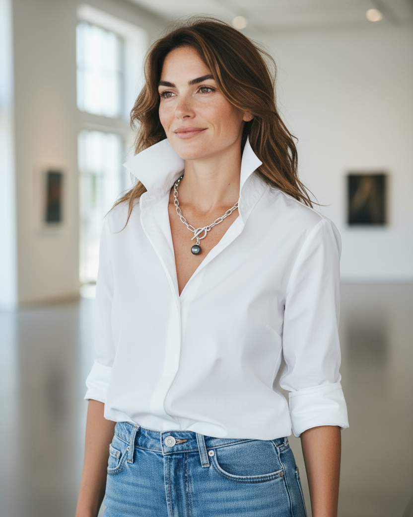 Woman wearing a white shirt and blue jeans indoors