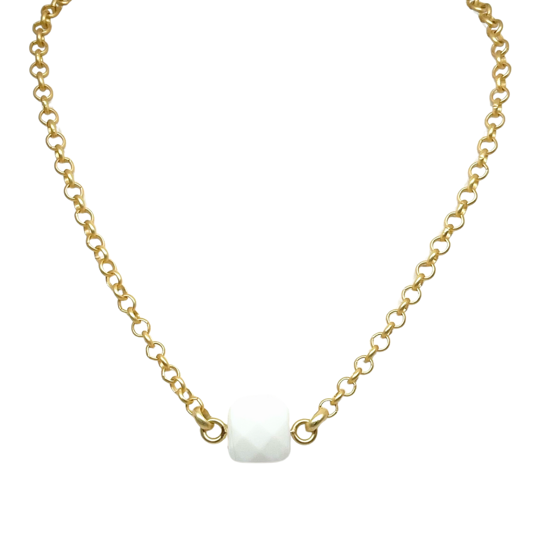Faceted Square White Jade on Rolo Chain