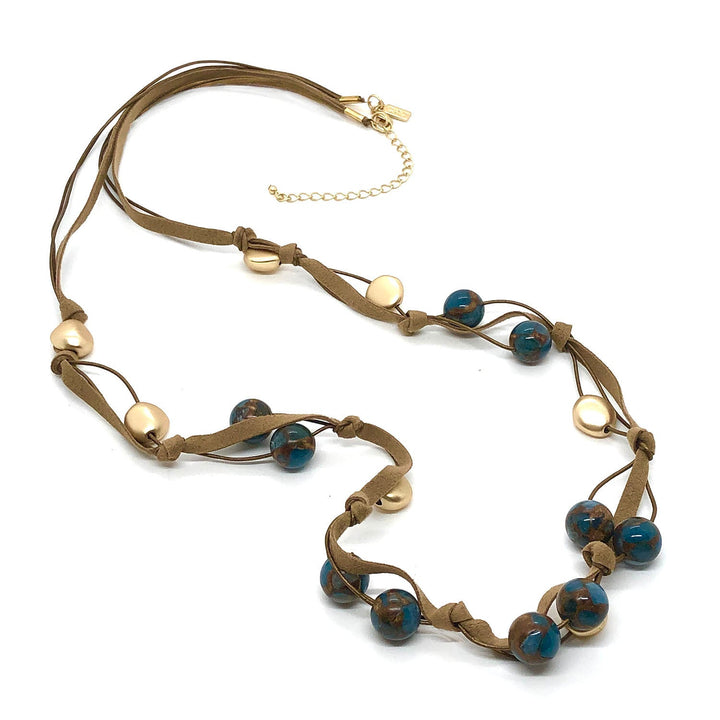 Teal Composite Quartz Matte Gold Bead Suede Layer Necklace