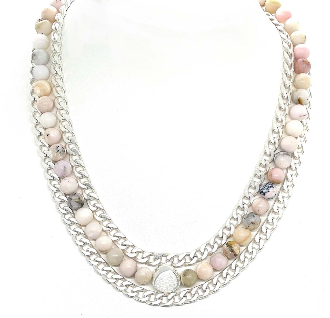 Matte Pink Opal  Matte Silver With Curb Chain Three Strand Necklace