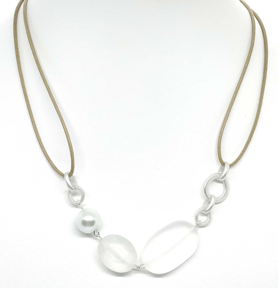 Quartz And Pearl Linen Matte Silver Linkage Necklace