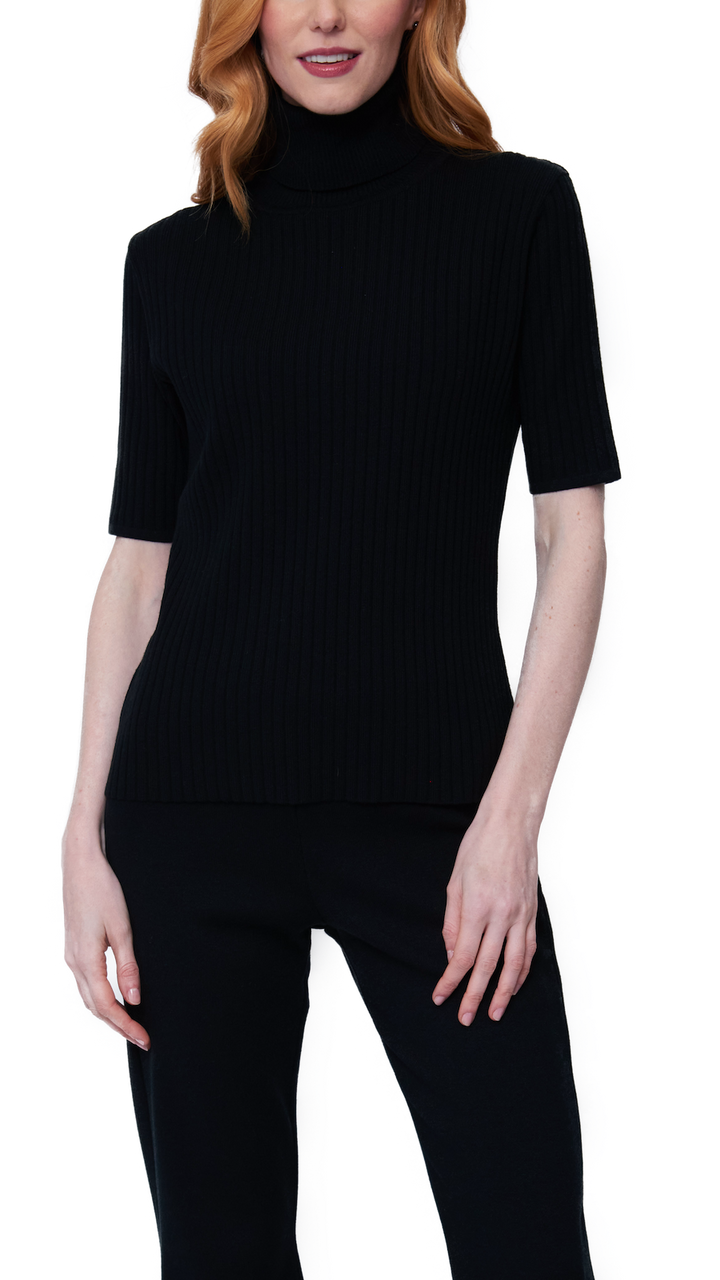 Tory Short Sleeved Rib-Knit Turtleneck, Black