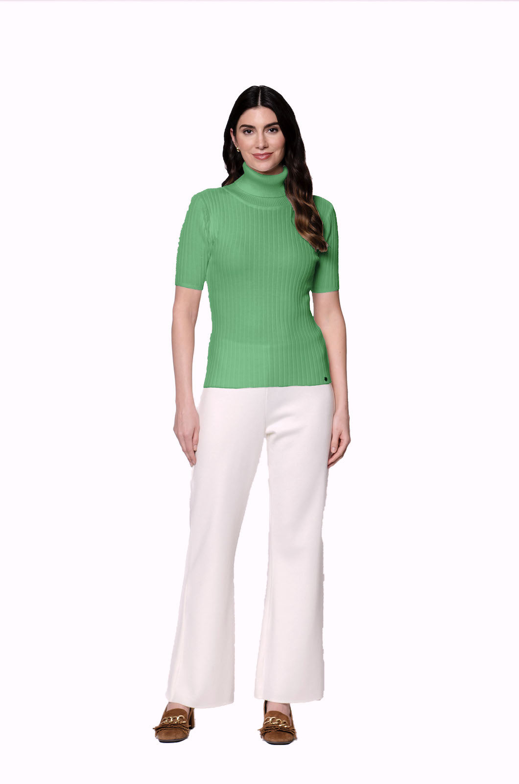 Tory Short Sleeved Rib-Knit Turtleneck, Emerald Green