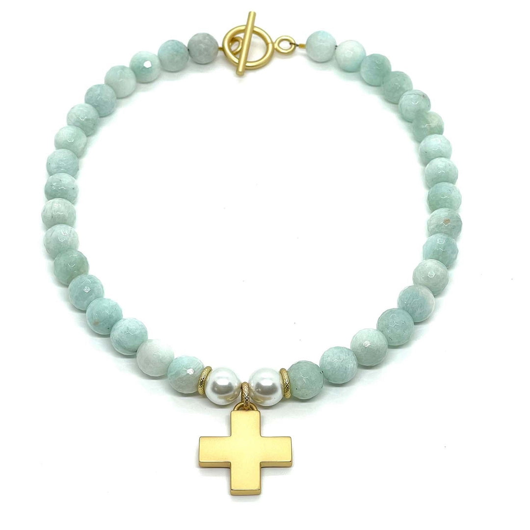 Amazonite And White Pearl Accent Cross Necklace