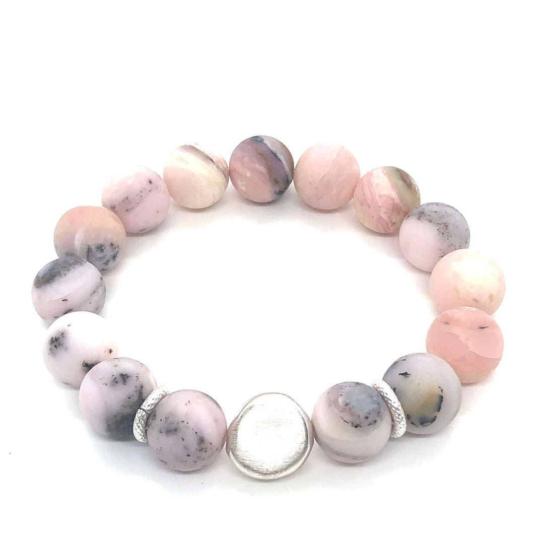 Matte Pink Opal Matte Silver Nugget Stretch Bracelet