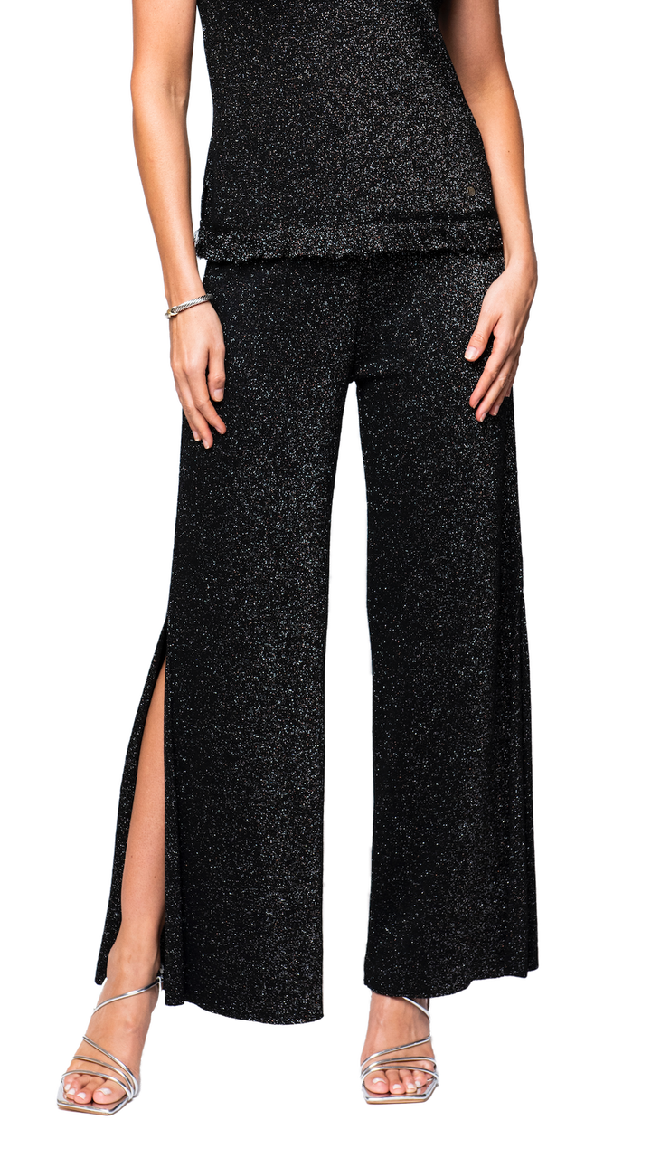 Thalia Wide Leg Shimmery Pant with a Slit; Black Shimmer