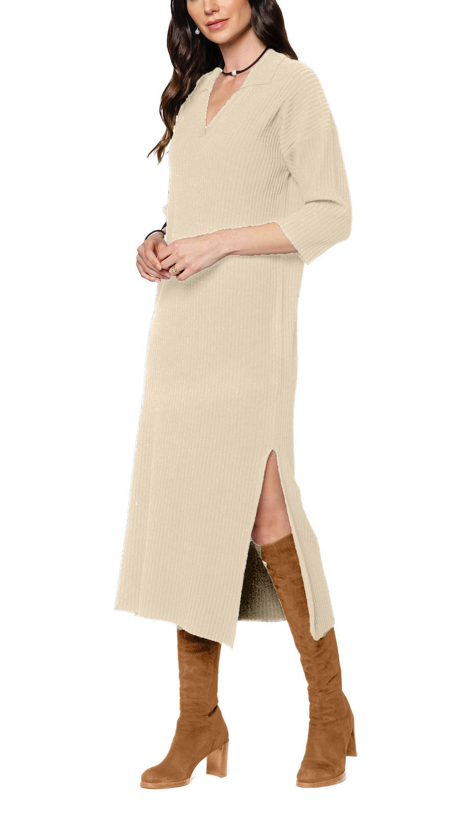 Gabriella Vertical Rib-Knit 3/4 Sleeved Midi Dress; Warm Beige