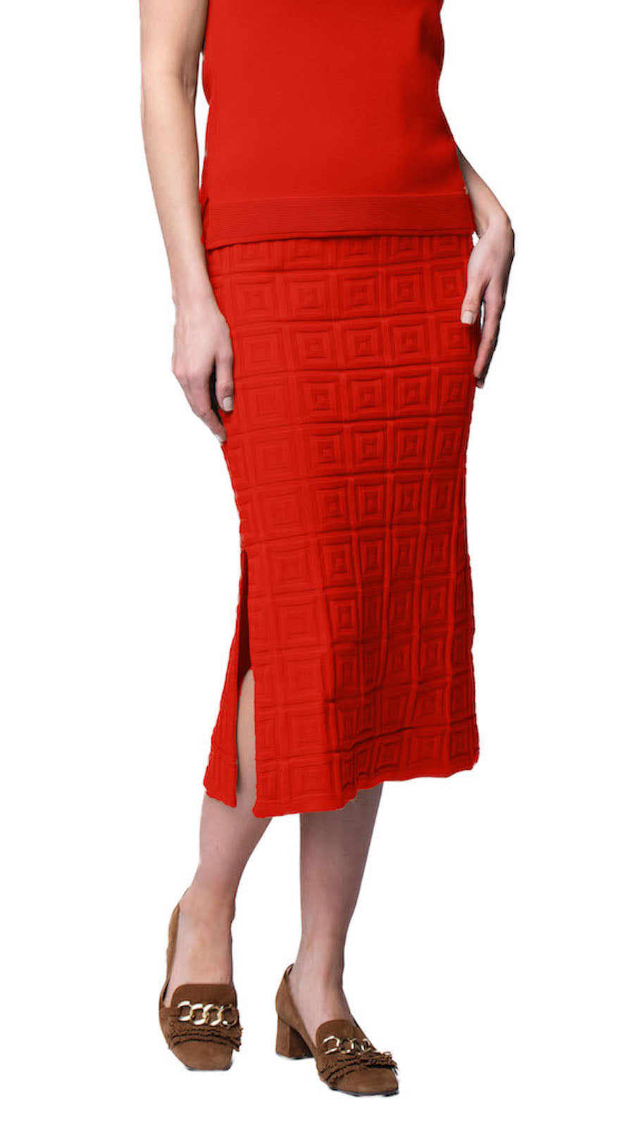 Sabrina Square Pattern Midi Straight Skirt; Bright Orange