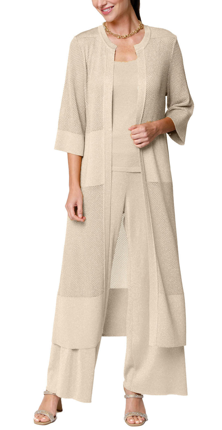 Arianna Shimmery Mesh-Knit Duster / Coat ; Gold Beige