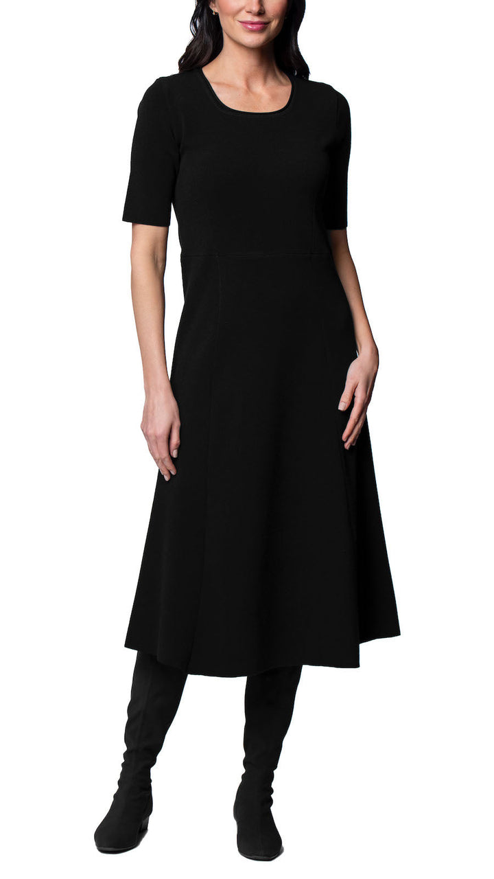 Nora Milano Knit Short Sleeved Fit-And-Flare Midi Dress; Black