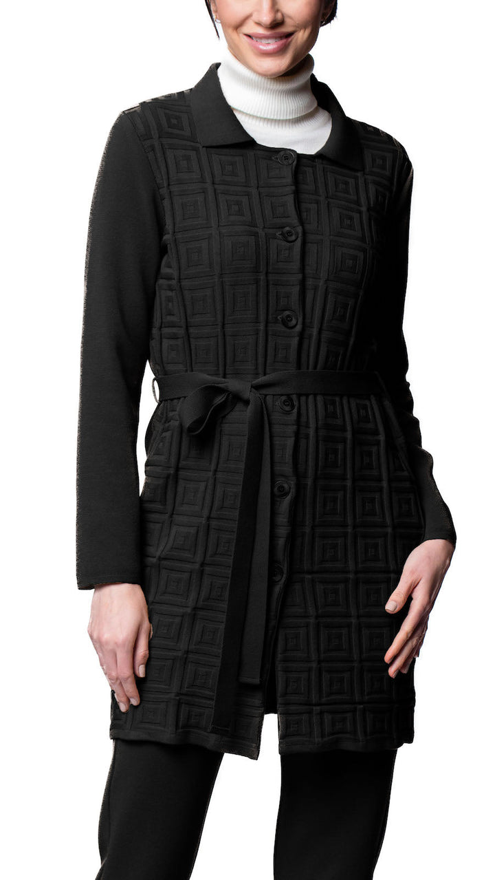 Sydney Square-Detail Knit Car Coat ; Black