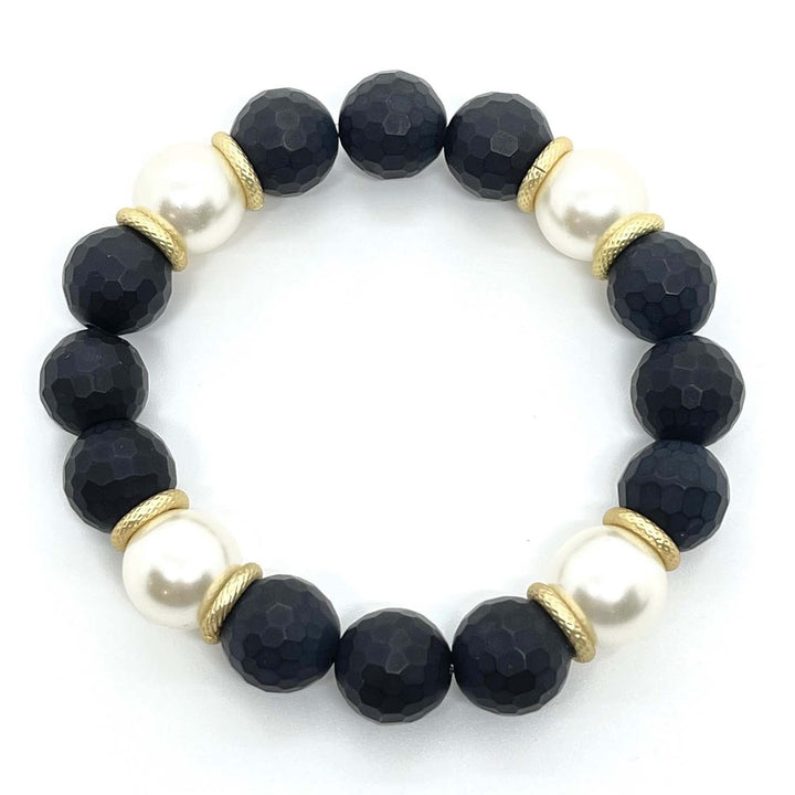 Onyx And Glass Pearl Stretch Bracelet