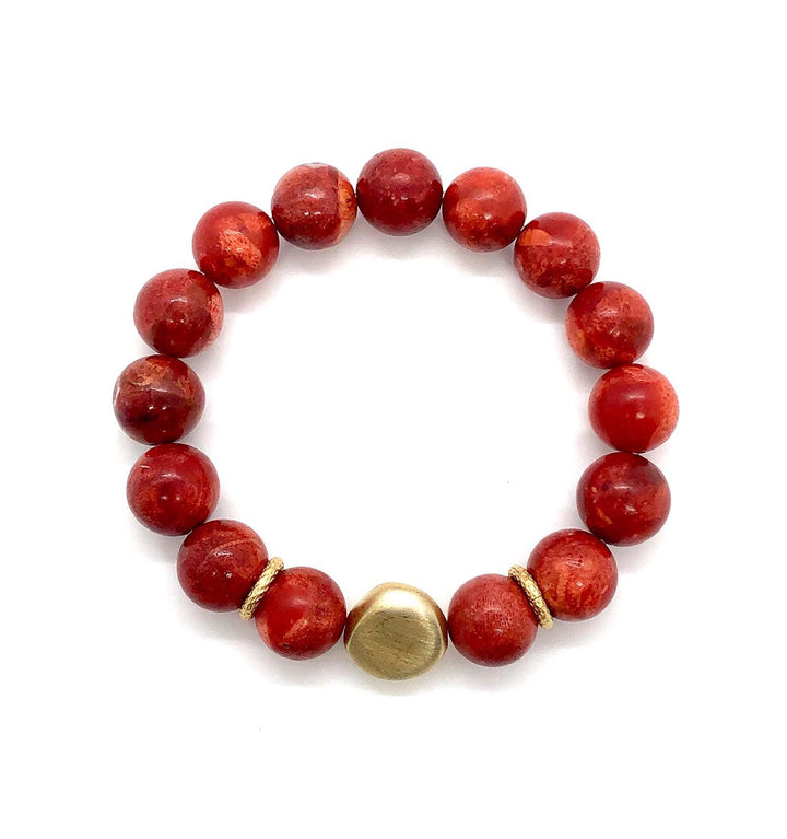 Red Sponge Coral Matte Gold Bead Stretch Bracelet