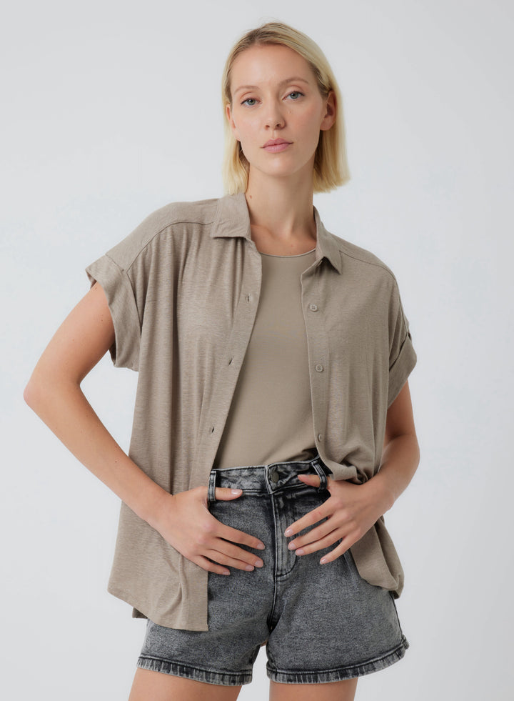 Stretch Linen Short Sleeve Shirt With Rolled Cuff