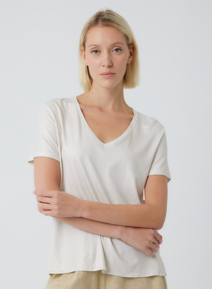 Soft Touch Metallic Short Sleeve Relaxed V-Neck T-Shirt