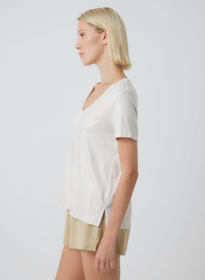 Soft Touch Metallic Short Sleeve Relaxed V-Neck T-Shirt