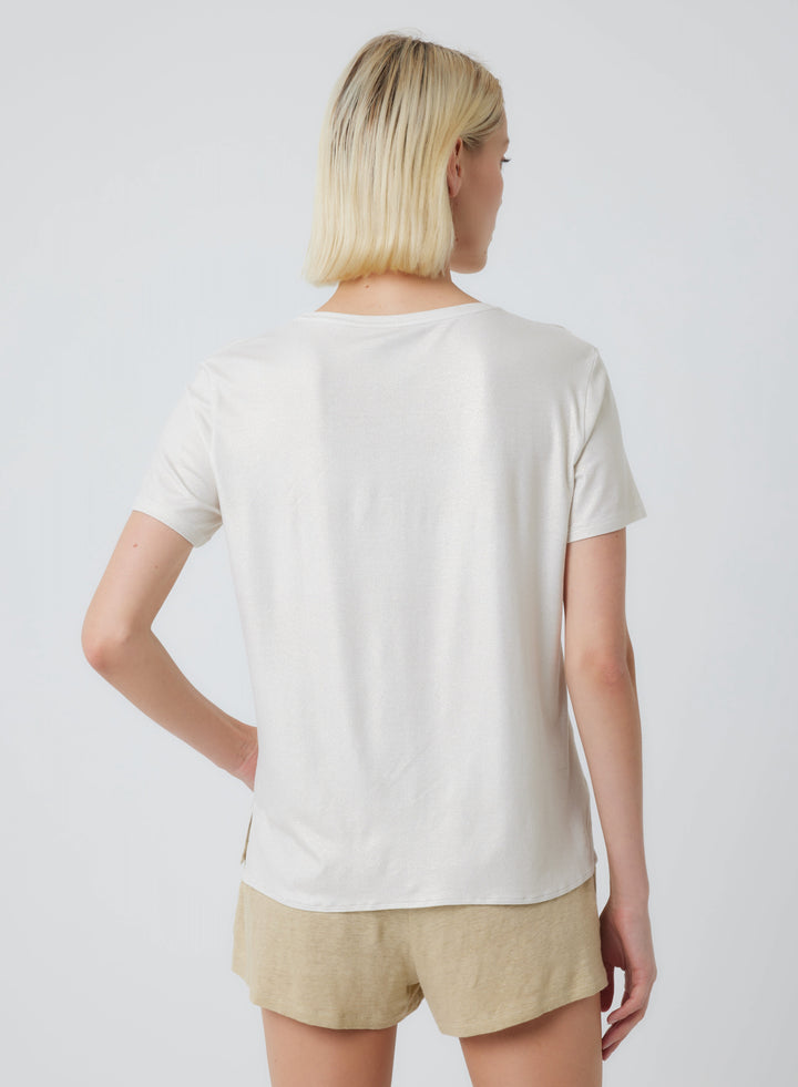Soft Touch Metallic Short Sleeve Relaxed V-Neck T-Shirt
