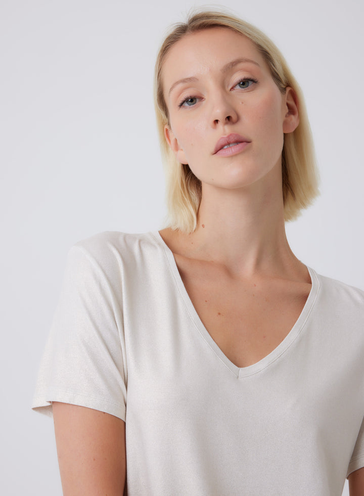 Soft Touch Metallic Short Sleeve Relaxed V-Neck T-Shirt
