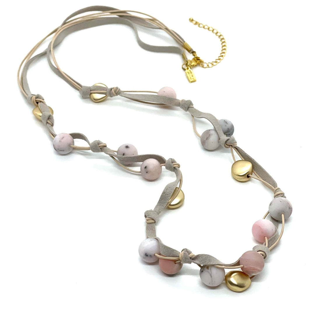 Matte Pink Opal With Matte Gold Nugget layer Necklace