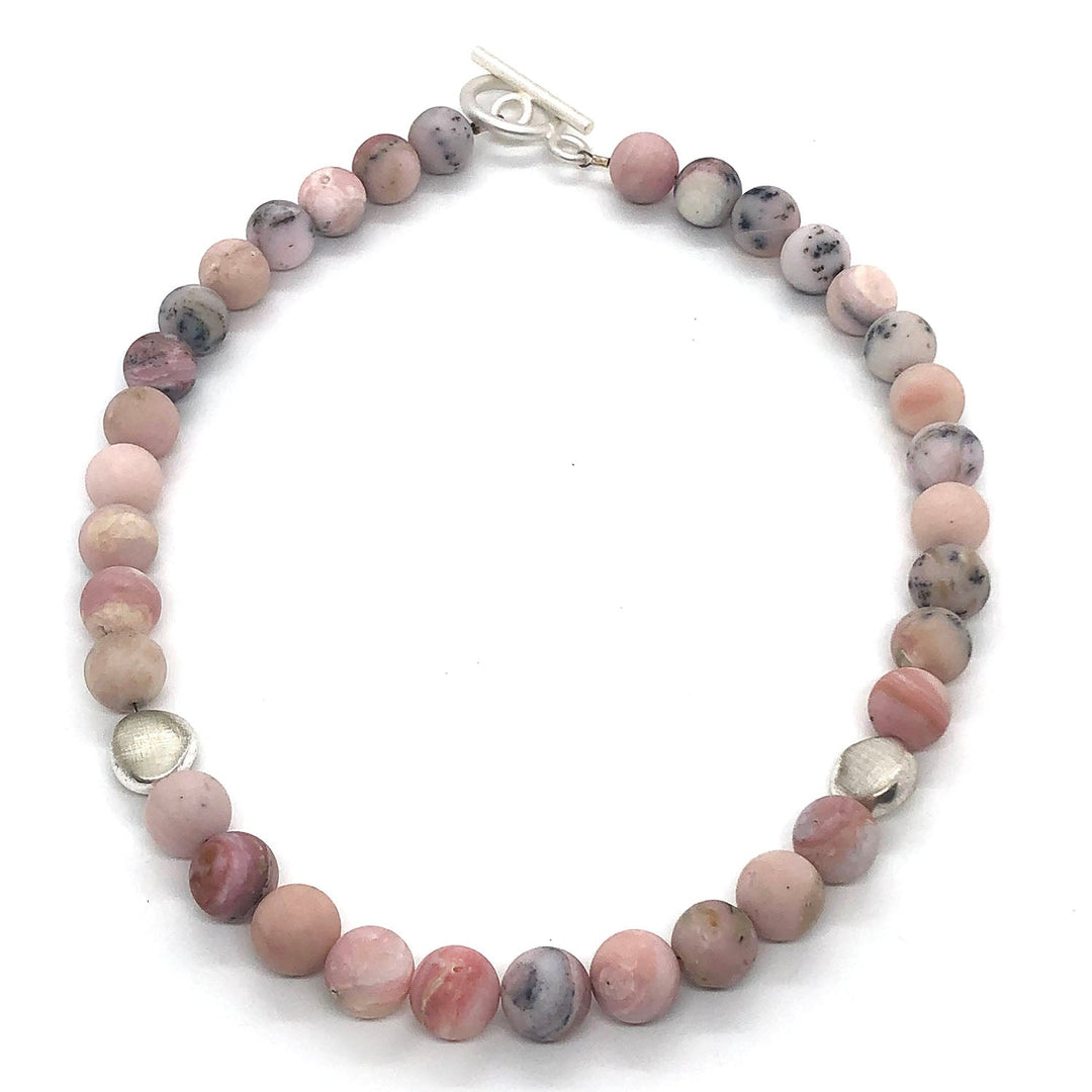 Matte Pink Opal With Matte Gold Flat Bead Necklace