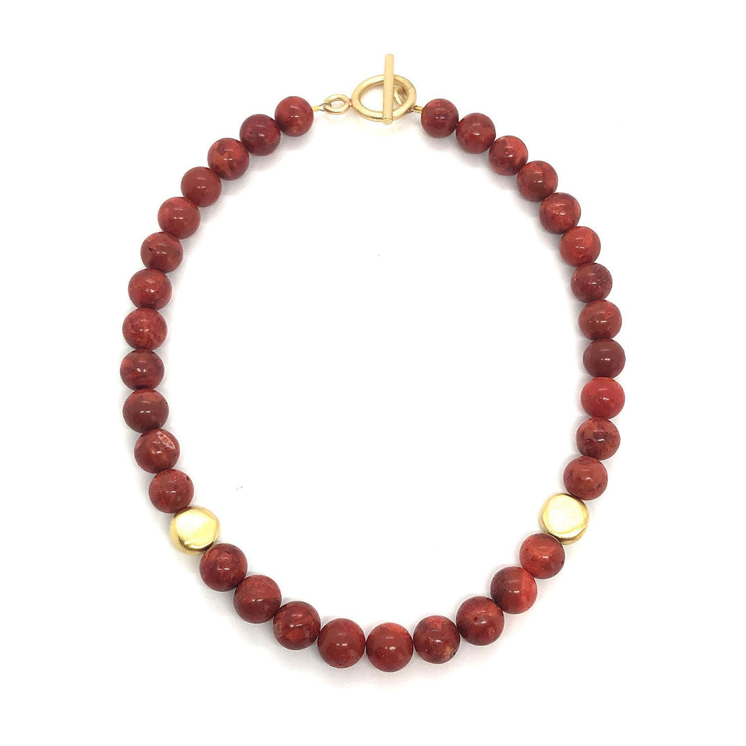 Red Sponge Coral With Matte Gold Flat Bead Necklace